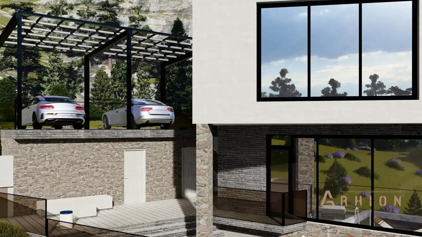 2. Проект трехэтажного дома в стиле хай-тек с плоской кровлей , h-1626, площадью - 426 кв c терассой, балконом, гаражом, вторым светом